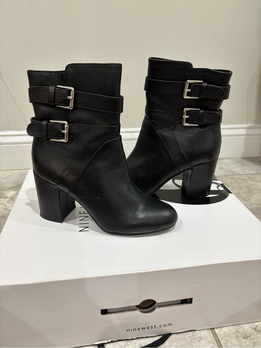 Nine West Black Leather Double-Buckle Block Heel Ankle Boots